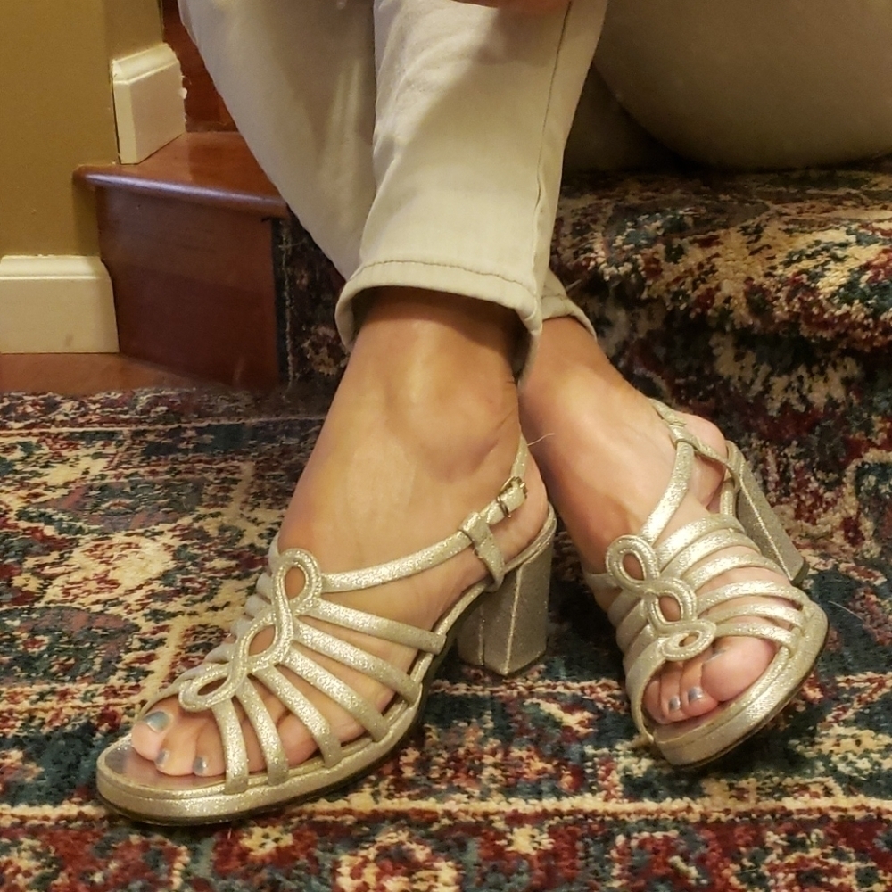 MYERS "Marcella" Silver Block Heel Sandals Vintage 6.5 3" Heel 1" Platform VGUC